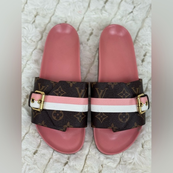 Vintage Women’s Louis Vuitton Monogram Pink Stripe Buckle Slides Size 8 - Picture 1 of 14